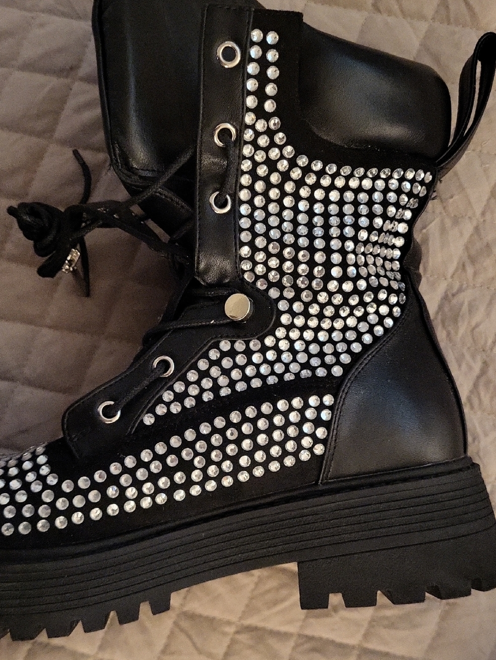 AZALEA WANG Black Rhinestone Combat Boots - Women's Fashion Boots SZ9 - Picture 6 of 12